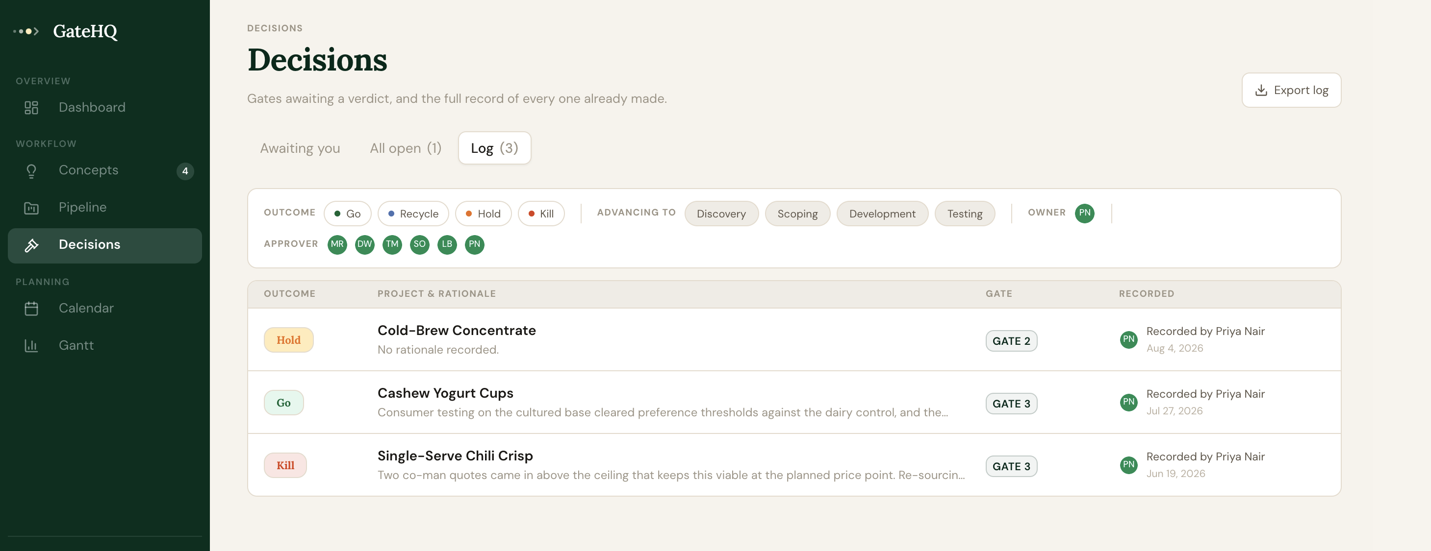 GateHQ decisions log: Hold, Go and Kill outcomes with gate, rationale and the person who recorded each decision
