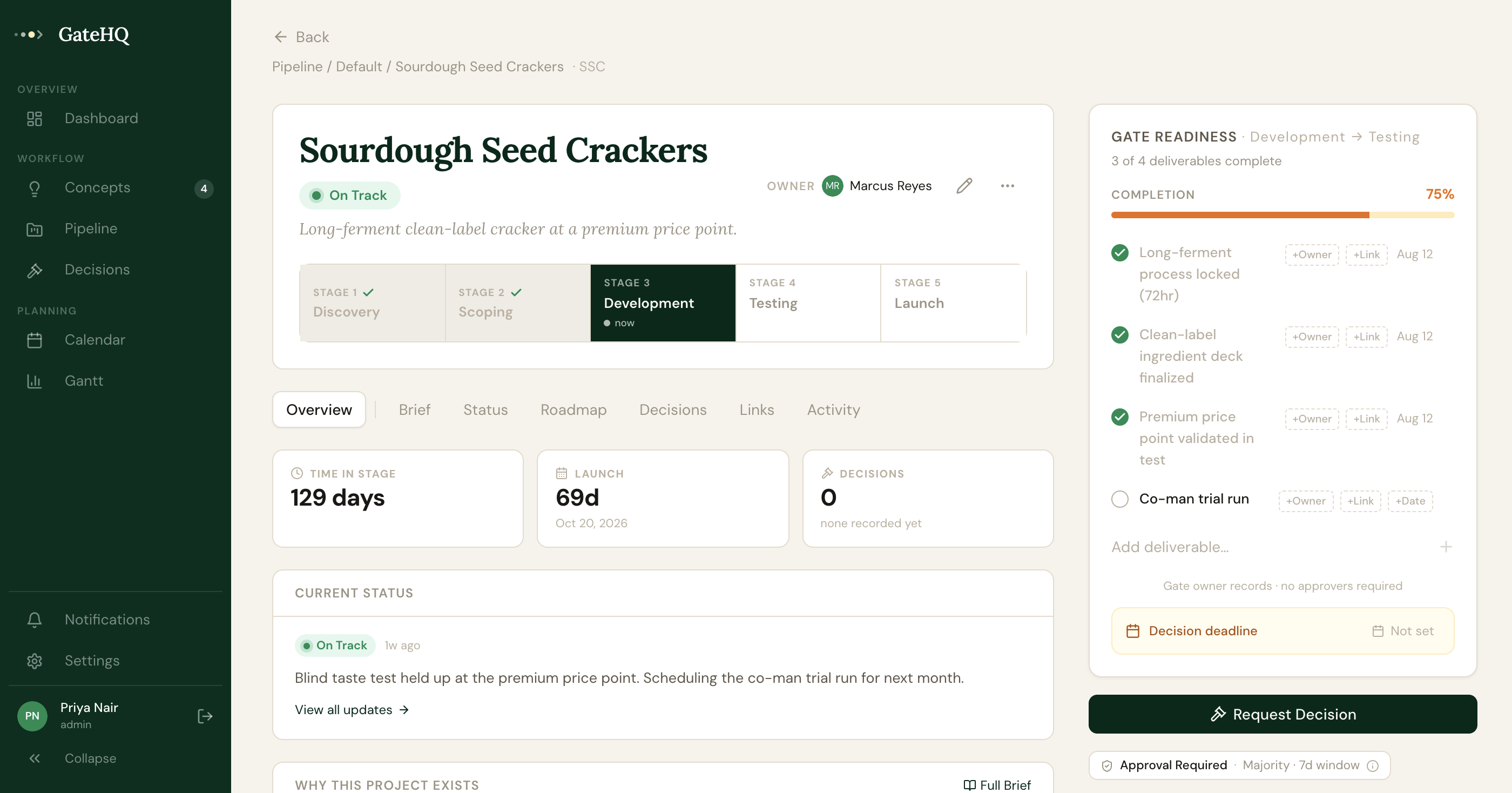 GateHQ project hub for Sourdough Seed Crackers: stage stepper, gate readiness with deliverables, current status update and the project brief